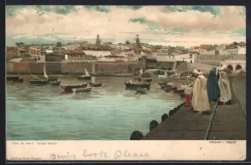 Lithographie Tanger, Port de mer mit Leuten