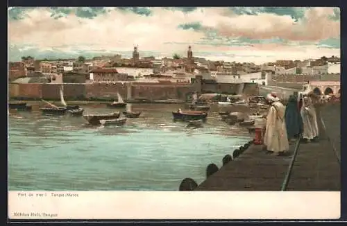 Lithographie Tanger, Port de mer mit Leuten