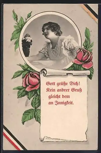 AK Frau sitzt an einem Tisch mit einem Rahmen und Rosen, Gott grüsse dich! Kein anderer Gruss gleicht dem an Innigkeit