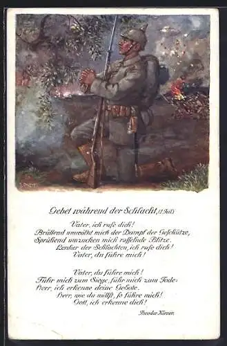 Künstler-AK Betender Soldat in Uniform mit Waffe, Gebet während der Schlacht