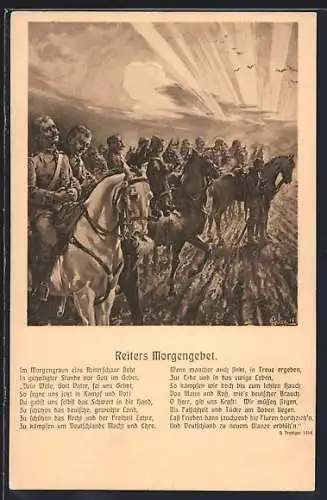 Künstler-AK Soldaten in Uniformen bei Sonnenaufgang, Reiters Morgengebet
