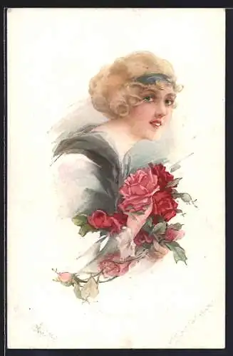 AK Junge Frau mit blonden Haaren und Rosen