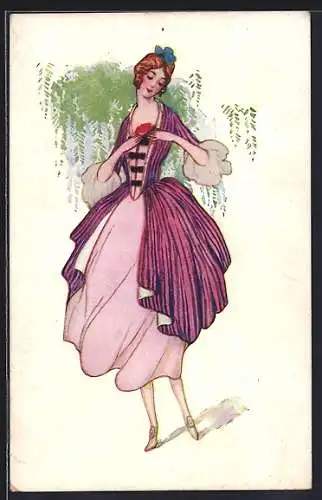 AK Junge Frau im Kleid mit einer Blume