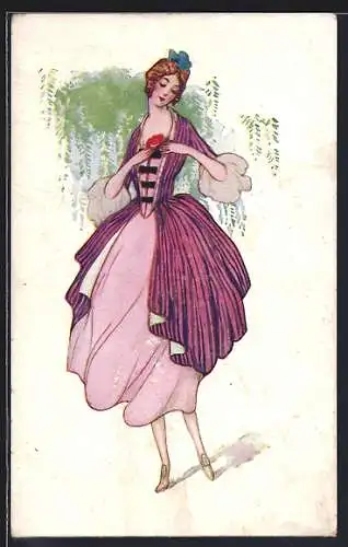 AK Junge Frau im Kleid mit einer Blume