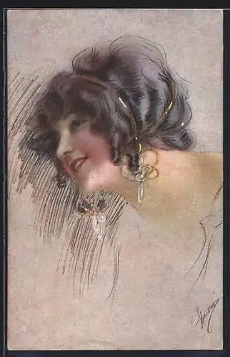 AK Dunkelhaarige Dame mit Ohrringen, Art Deco