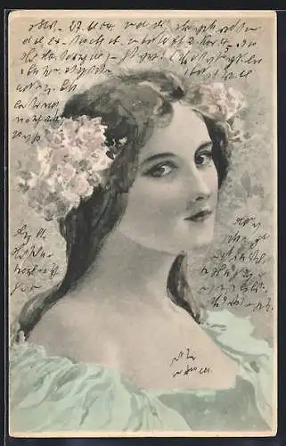 AK Junge Frau mit Blumen im Haar