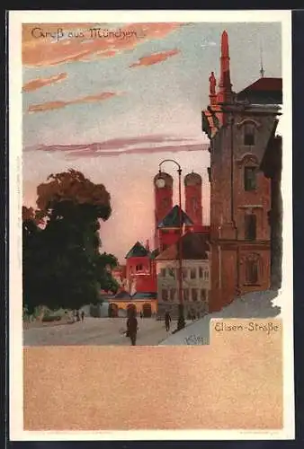 Künstler-AK Heinrich Kley: München, Elisen-Strasse im Sonnenuntergang