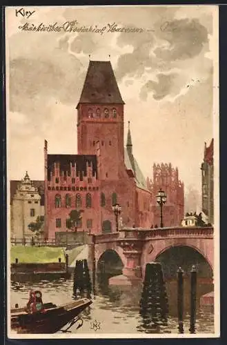 Künstler-AK Heinrich Kley: Berlin, Wallstrasse mit Brücke und Uferpartie