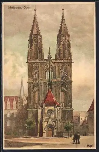 Künstler-Lithographie Heinrich Kley: Meissen, Blick zum Dom