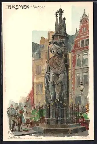 Künstler-Lithographie Heinrich Kley: Bremen, Partie am Roland