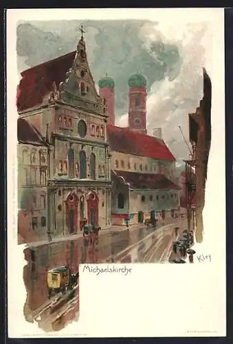 Künstler-AK Heinrich Kley: München, Strassenpartie bei der Michaelskirche