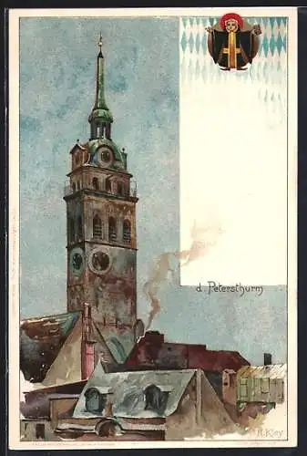 Künstler-AK Heinrich Kley: München, Petersthurm m. Münchner Kindl