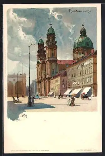 Künstler-AK Heinrich Kley: München, Passanten vor der Theatinerkirche