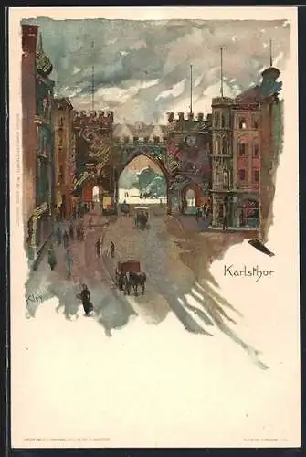 Künstler-AK München, Karlstor mit Pferdewägen