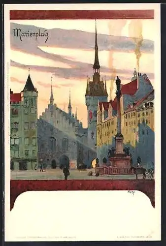 Künstler-AK Heinrich Kley: München, Abendstimmung auf dem Marienplatz