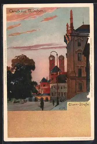 Künstler-AK Heinrich Kley: München, Elisen-Strasse im Sonnenuntergang