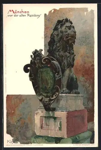 Künstler-Lithographie Heinrich Kley: München, Vor der Alten Resident, Löwenstandbild