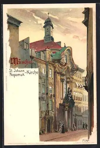 Künstler-Lithographie Heinrich Kley: München, St. Johann, Nepomuk-Kirche