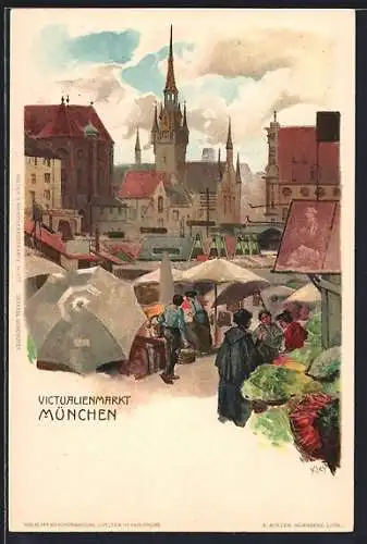 Künstler-AK Heinrich Kley: München, Markttag auf dem Viktualienmarkt