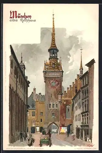 Künstler-AK Heinrich Kley: München, altes Rathaus mit Pferdewagen
