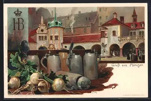 Künstler-AK Heinrich Kley: München, Bierkrüge vom Münchner Hofbräuhaus, Rüben