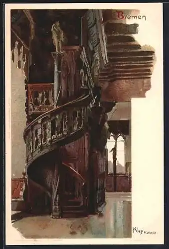 Künstler-Lithographie Heinrich Kley: Bremen, Wendeltreppe