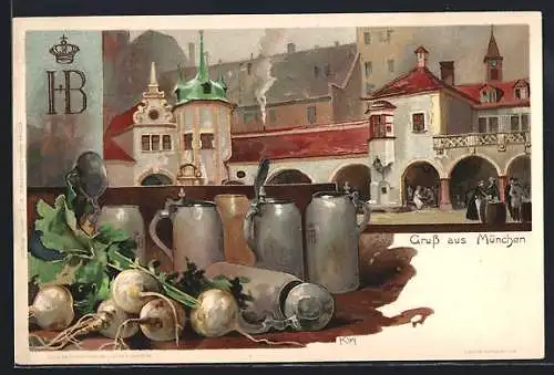 Künstler-AK Heinrich Kley: München, Bierkrüge vom Münchner Hofbräuhaus, Rüben