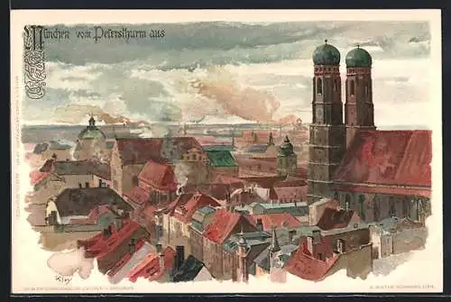 Künstler-AK Heinrich Kley: München, Stadtzentrum vom Petersturm aus, Frauenkirche