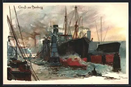 Künstler-AK Heinrich Kley: Hamburg, Teilansicht vom Hafen