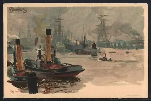Künstler-AK Heinrich Kley: Hamburg, Schlepper im Hafen