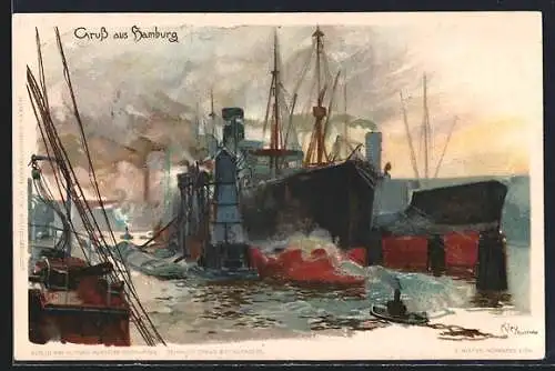 Künstler-AK Heinrich Kley: Hamburg, Teilansicht vom Hafen