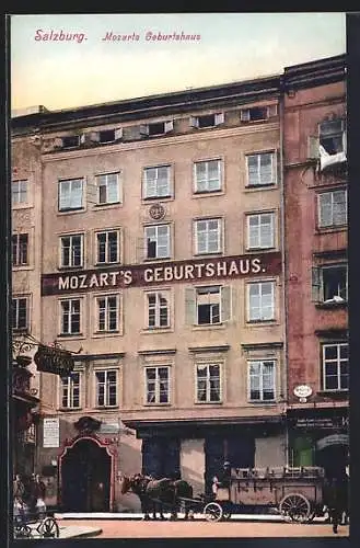 AK Salzburg, Pferdegespann vor Mozarts Geburtshaus