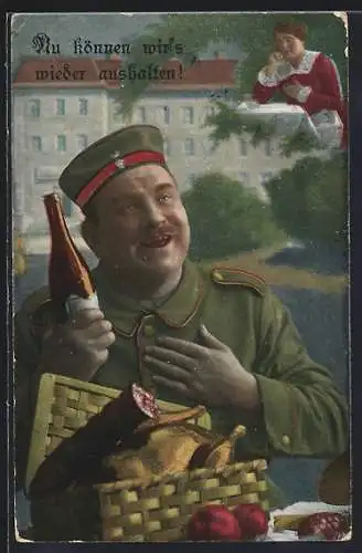 AK Soldat in Uniform mit Korb voller Lebensmittel, Kriegsnot
