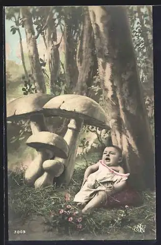 AK Schreiendes Kind unter einem Baum neben Pilzen