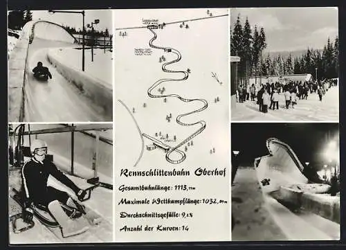 AK Oberhof / Thüringen, Fünf Ansichten von der Rennschlittenbahn