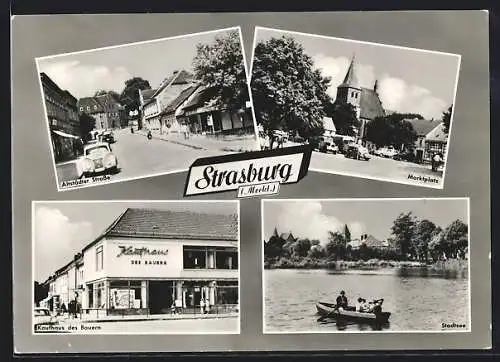 AK Strasburg, Altstädter Strasse, Marktplatz mit Kirche, Kaufhaus des Bauern, Kahnpartie auf demStadtsee