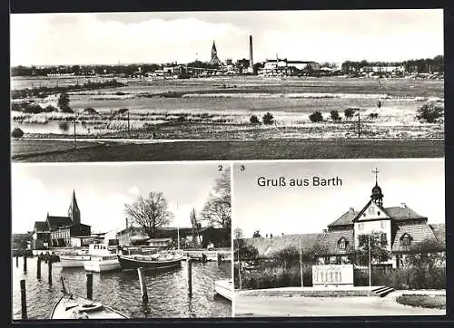 AK Barth, Blick auf die Stadt, am Hafen, sowjetisches Ehrenmal