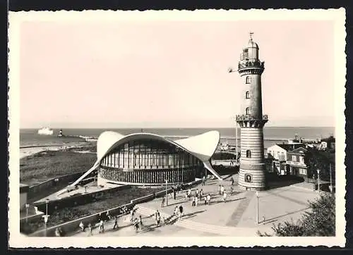 AK Warnemünde, Leuchtturm und Pavillon aus der Vogelschau