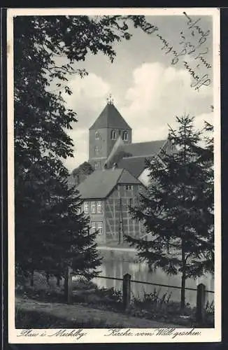 AK Plau, Kirche vom Wall gesehen