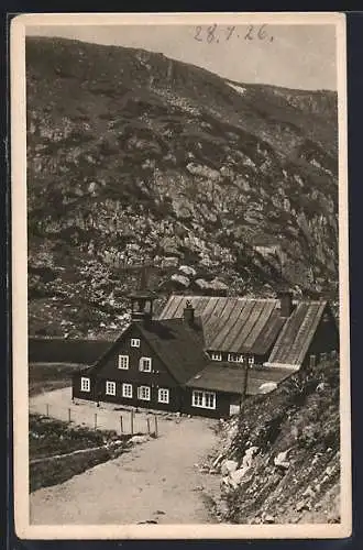 AK Kleine Teichbaude /Riesengebirge, Blick auf das Gasthaus