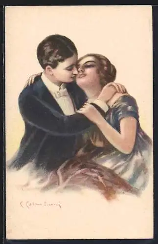 Künstler-AK Paar umarmt sich liebend, Art Deco