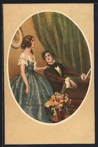 Künstler-AK Tito Corbella: Fräulein und Klavierspieler