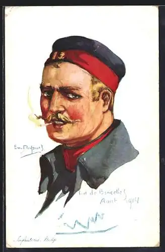 Künstler-AK Em. Dupuis: Infanterie Belge, Fort de Boncelles 1914, Belgier mit Zigarette