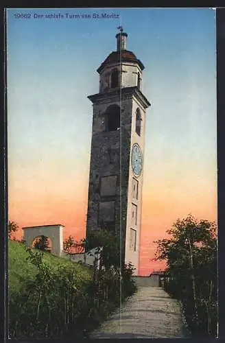AK St. Moritz, der schiefe Turm im Sonnenaufgang