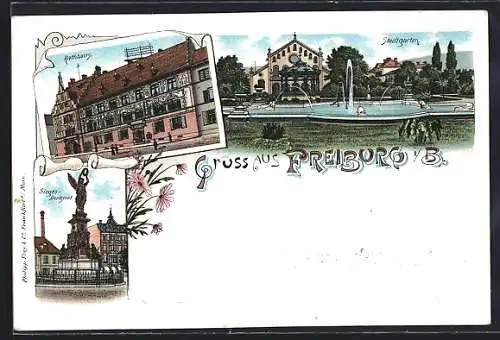 Lithographie Freiburg / Breisgau, Sieges-Denkmal, Rathaus und Stadtgarten
