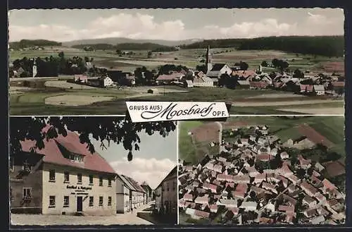 AK Moosbach /Opf., Ortsansicht mit Kirche, Strassenpartie mit Gasthof und Metzgerei Hans Bodensteiner
