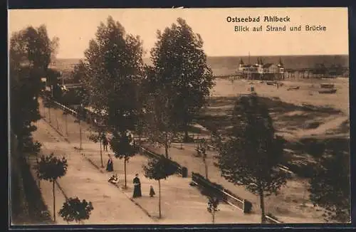 AK Ahlbeck / Seebad, Blick auf Strand und Brücke
