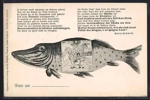 Künstler-AK Teterow / Mecklbg., Gedicht von Marie Schmidt, Anwohner mit einem Sack in einem Fischbauch