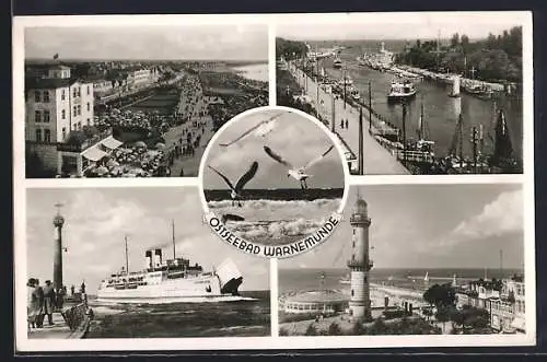 AK Warnemünde, Blick auf die Promenade, Hafenansicht, ein Schiff fährt ein, der Leuchtturm