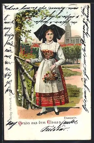 Lithographie Elsässerin mit Korb Blumen am Waldrand